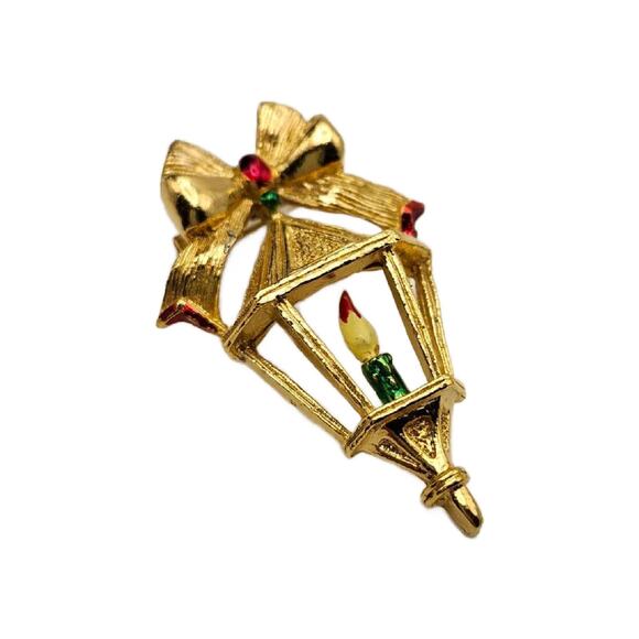 Vintage Enamel Christmas Lantern Brooch, 2.5" Tall - Picture 2 of 10